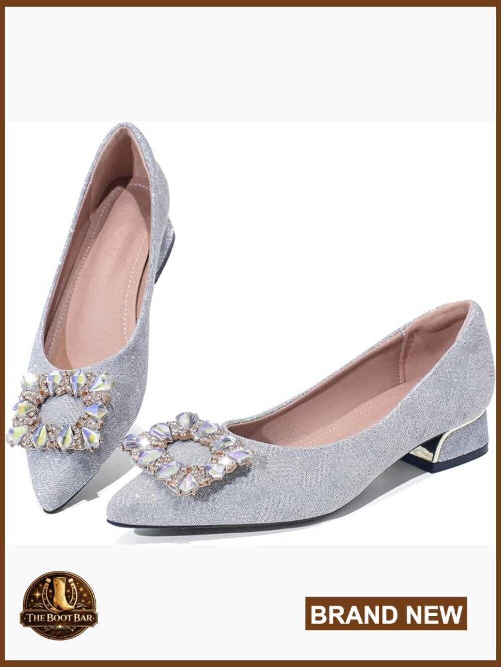 Silver Low Chunky Block Heels Rhinestone Pointed Toe Pumps Dress Wedding Shoes